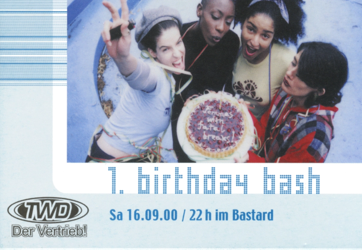 Flyer zum einjährigen Jubiläum der Femmes with Fatal Breaks am 16.09.2000 um 22 Uhr im Bastard.